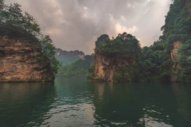 Stunningly beautiful karst landscape surrounding the Baofeng Lake, Wulingyuan, Zhangjiajie National Forest Park, Hunan Province, China, Asia