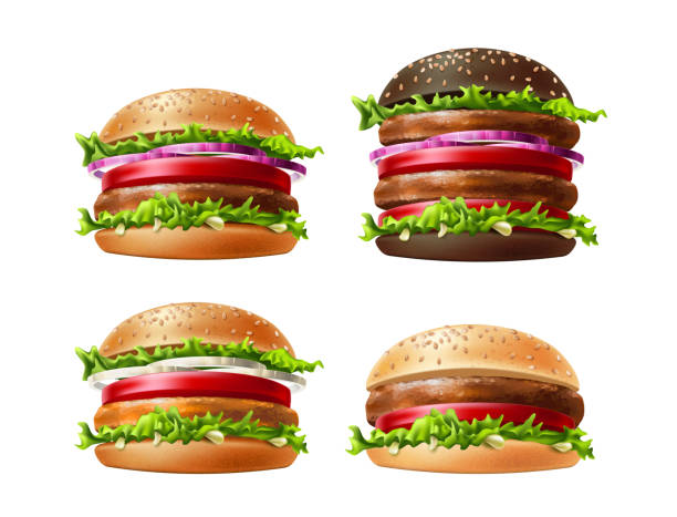 вектор 3d вкусный набор гамбургеров, закуска быстрого питания - backgrounds beef close up cooked stock illustrations