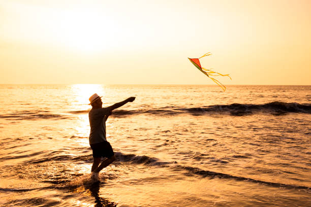 istock asian adult playing kite on the beach 1263403020