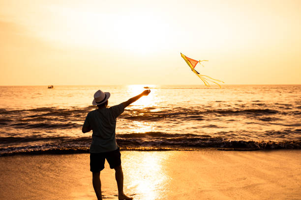 istock asian adult playing kite on the beach 1263403023