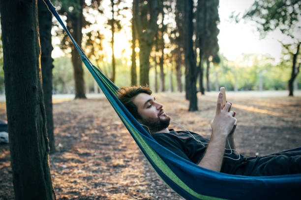 istock Leisure activity in the forest, man in resting 1263403074