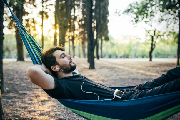 istock Leisure activity in the forest, man in resting 1263403092