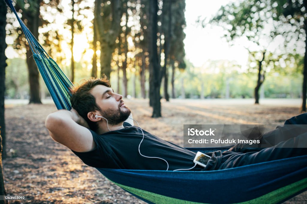 Leisure activity in the forest, man in resting Leisure activity in the forest, man in resting, hammock Below Stock Photo
