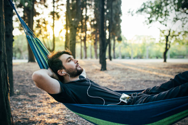 istock Leisure activity in the forest, man in resting 1263403094