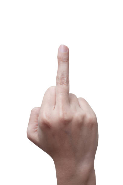 рука женщины показывает средний палец на белом фоне. ебать тебя, символ. оскорбительный жест - fuck you стоковые фото и изображения