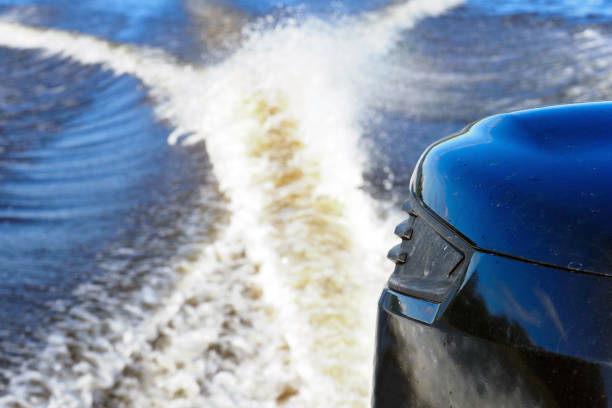 istock Motor boat engine at high speed in water 1263407576