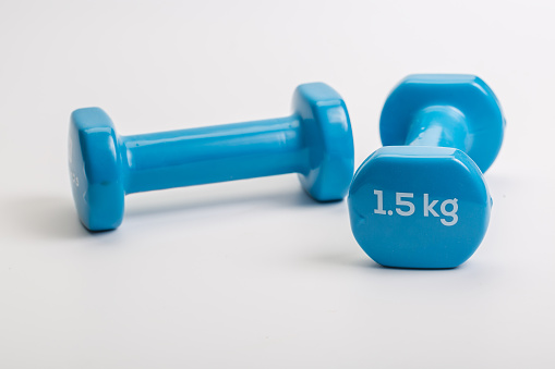 weight lifting, muscular, aerobic, dumbbell, aerobics, diet, weights, kit, dumbbells, coated, cardio, athletic, white background, plastic, closeup, 1.5, care, healthy, workout, blue, pair, health, exercise, isolated, bodybuilding, gym, heavy, equipment, fitness, white, strength, object, background, lifestyle, kg, muscle, two, activity, weight, shape, train, fit, hand, vinyl, sport, clinical thermometer, syringe, person, miniature