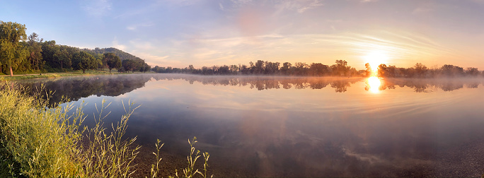 Misty morning lake sunrise view with summer plants.