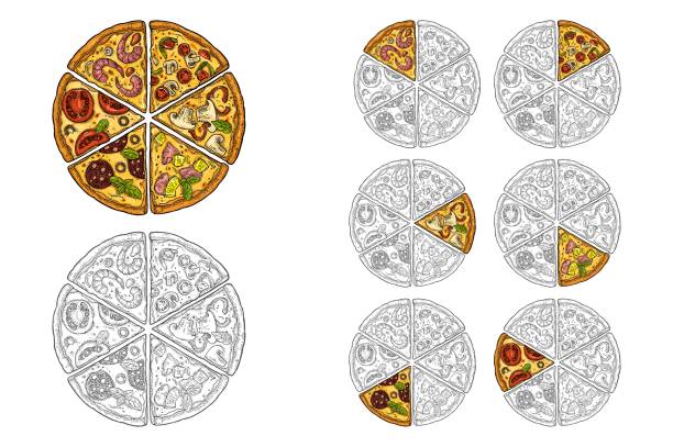 illustrazioni stock, clip art, cartoni animati e icone di tendenza di poster quadrato con pizza monocromatica e a fette colorate - pizza margherita