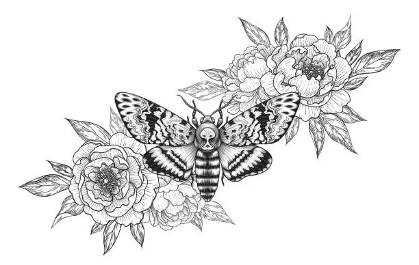 Vector illustration of Hand drawn Acherontia Styx butterfly and Peony flowers