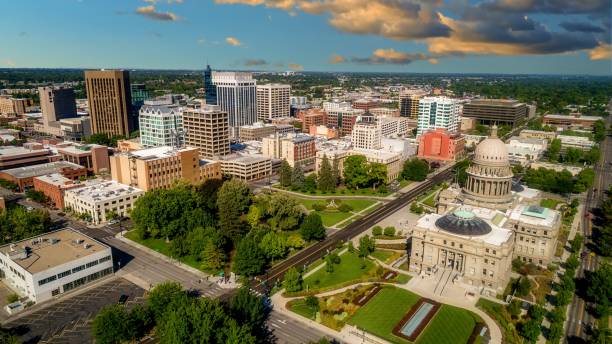 Aerial of the little town of Boise Idaho with buildings streets and trees Idaho state capital with the Boise skyline background idaho photos stock pictures, royalty-free photos & images
