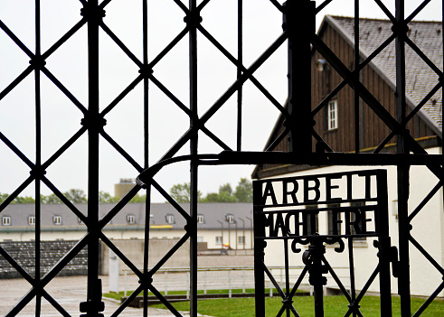 Dachau / Germany - June 18, 2011: Dachau concentration camp. Arbeit Macht Frei (labor makes you free) sign on the gate