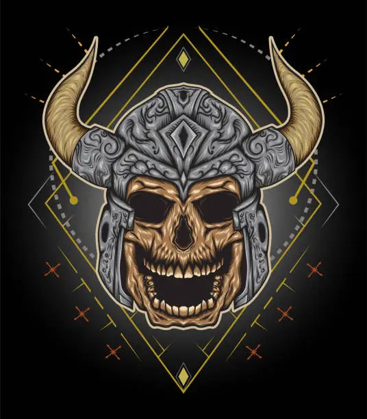 Vector illustration of vector illustration of viking skull with sacred geometry background
