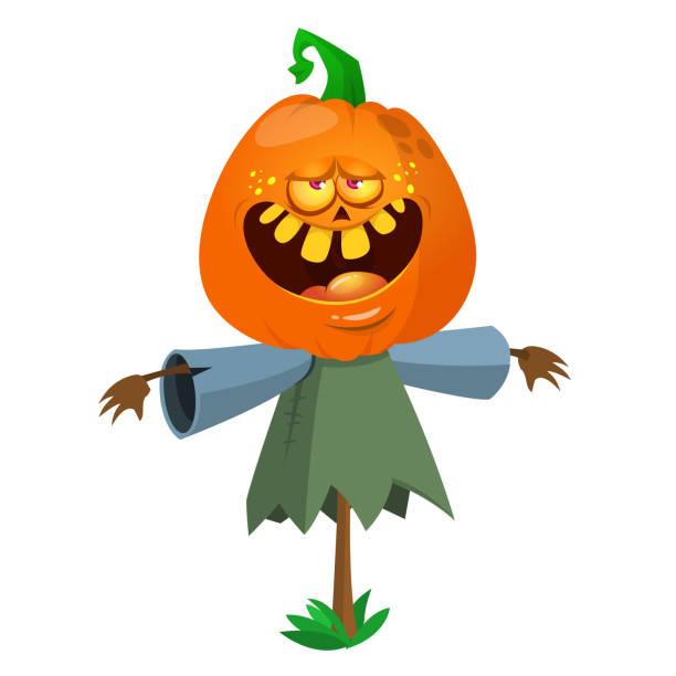 istock Halloween cartoon scarecrow with pumpkin head.  Jack-o-lantern 1263420102