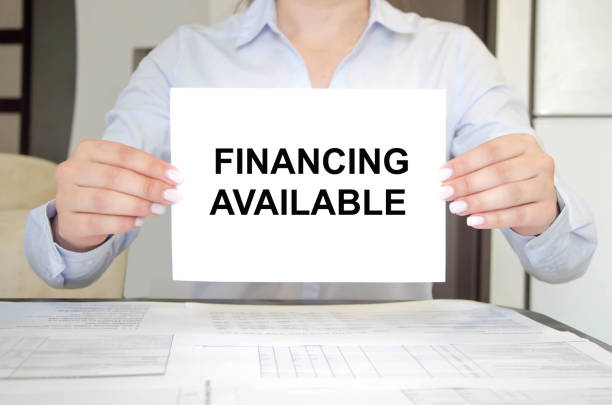 istock woman holds a tablet with text. text financing available 1263420815