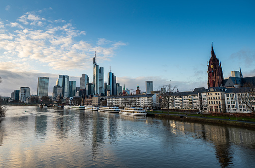 Cityscape image of Frankfurt am Main skyline during beautiful sunset.
