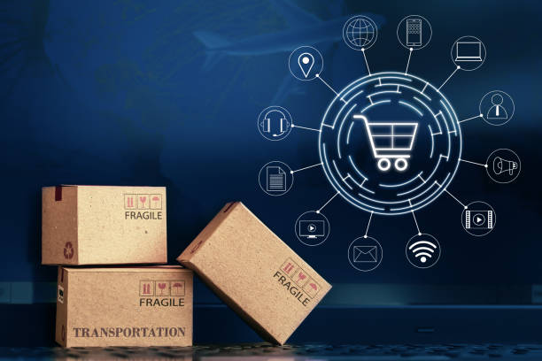istock Small paper boxes on notebook with a plane flies behind. An ideas about transportation, international freight, global shipping, overseas trade, regional, or local forwarding. 1263423873