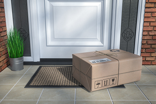 Express delivery, e-commerce online purchasing concept. Parcel box on floor near front door. 3d illustration
