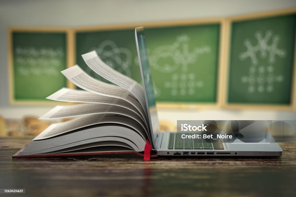 E-learning online education or internet  encyclopedia concept. Open laptop and book compilation in a classroom. E-learning online education or internet  encyclopedia concept. Open laptop and book compilation in a classroom. 3d illustration Education Stock Photo