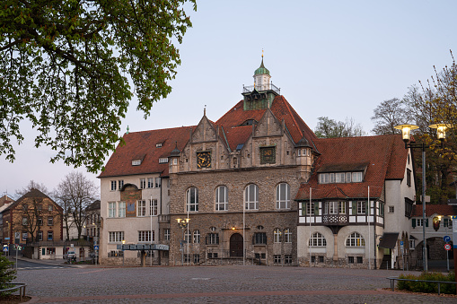 Bergisch Gladbach, Germany - April 7, 2020: Panoramic image of the townhall of Bergisch Gladbach at sunrise on April 7, 2020 in Germany