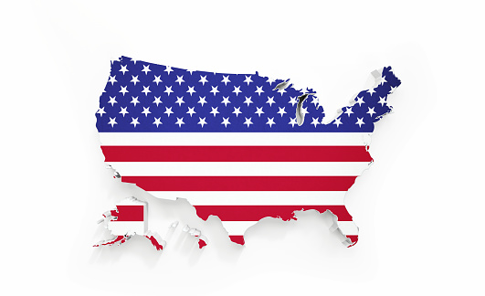 US State border textured with American flag on white background. Horizontal composition with clipping path and copy space. Great use for elections and USA related concepts.