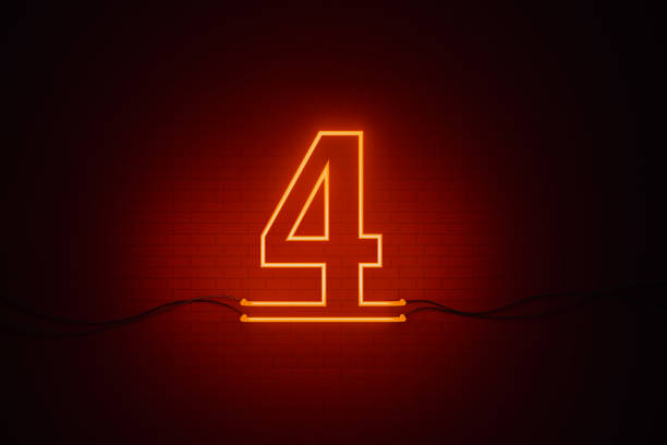 Number four written by red neon light on black wall. Horizontal composition with copy space.