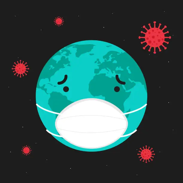 Vector illustration of Planet Earth wearing a mask during Covid-19