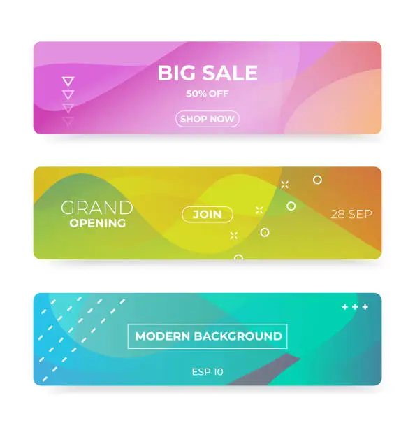 Vector illustration of Colorful web banner with push button. Promotion banners with abstract liquid shapes.