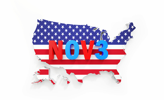 November 3 written over US State Border textured with American flag. Great use for 2020 US Presidential Election and USA related concepts.