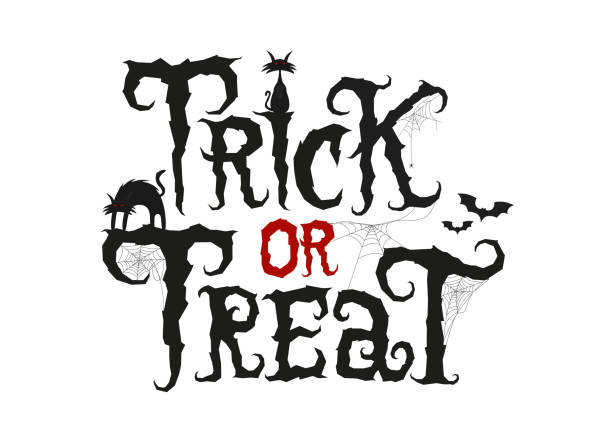 ilustrações de stock, clip art, desenhos animados e ícones de trick or treat scary text decorated with traditional elements. vector lettering in cobweb for halloween day. bat, spider, web, cat. holidays illustration isolated on white background. - bat halloween spider web spooky