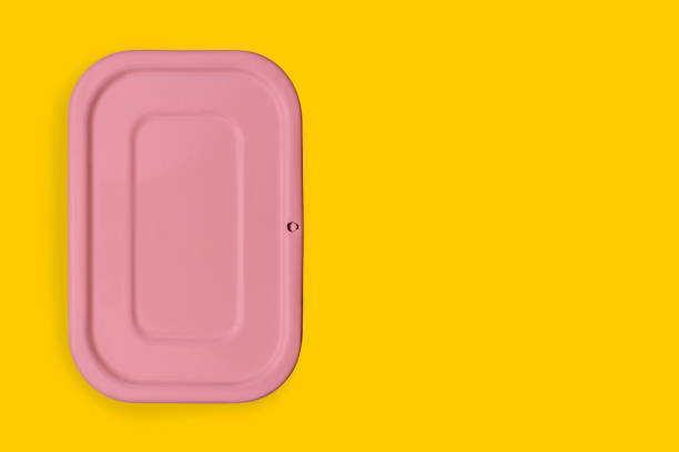 Pink food container on a colored background. Packaging for storing Breakfast, dinner or lunch. The concept of food delivery. Top view, copy space.