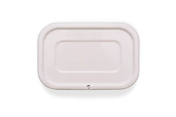istock Metal food box isolated on a white background. Closed packaging for storing Breakfast, dinner and lunch. Food delivery. A top view of a flat layout 1263432413