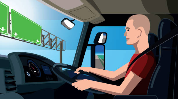 ilustracja wektorowa truckera, kierowca ciężarówki siedzący w kabinie, za kierownicą, młody pracownik jedzie ciężarówką wzdłuż autostrady, widok z wnętrza kabiny ciężarówki - truck driver driver truck semi truck stock illustrations