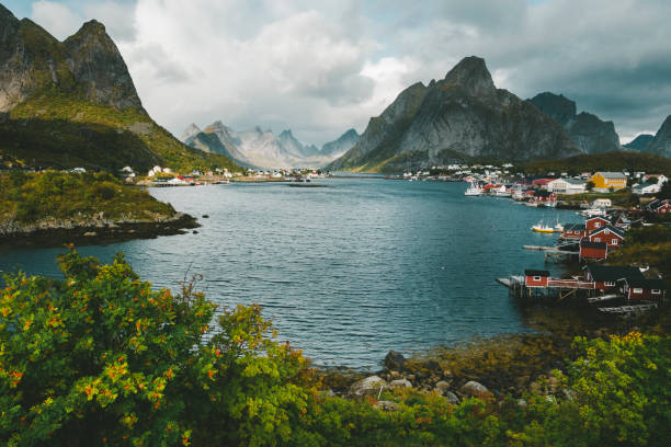 秋の日に海のそばのノルウェーロフォーテン諸島のレーヌ市 - norway fjord lofoten red ストックフォトと画像