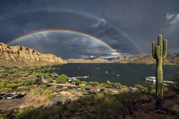 Double Bow Double rainbow over Saguaro Lake in the Sonoran Desert near Phoenix, Arizona salt river photos stock pictures, royalty-free photos & images