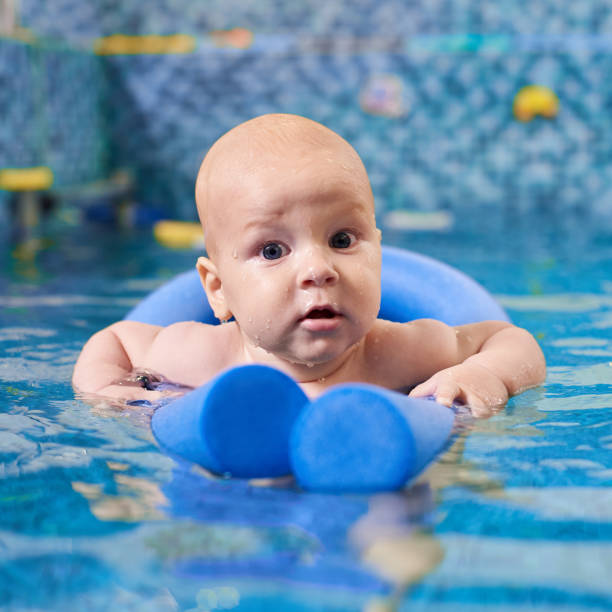 istock Swimming classes for little ones, infant with mother in swimming pool during training 1263435299