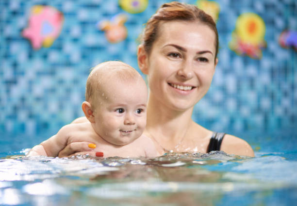 istock Swimming classes for little ones, infant with mother in swimming pool during training 1263435306