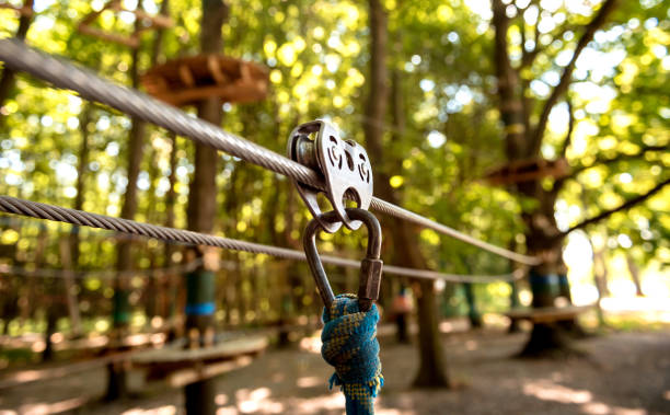 Hispanic female zipline enthusiast wearing a safety helmet and harness, with a pulley in her hands, ready for an exhilarating adventure in a lush forest setting.