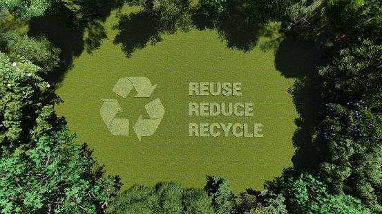 Recycle, reduce, reuse logo made of leaves and trees around them