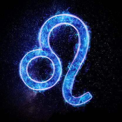 Leo zodiac sign icon, blue neon hologram on a dark background of the starry sky, horoscope signs. The concept of fate, predictions, fortune teller. 3D graphics, 3D illustration