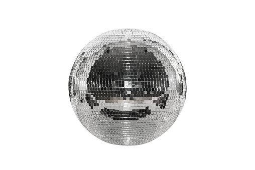 Disco ball isolated on a white background. A spherical object with a mirror surface. Mirror ball. Concept of a night club party, club life
