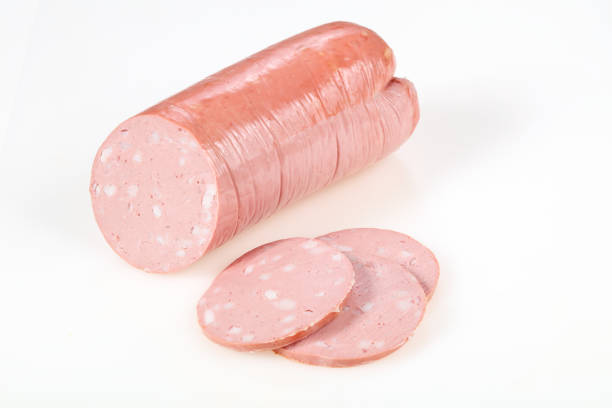 istock Tasty meat sausages over white background 1263442593