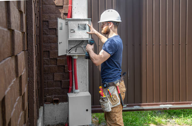 istock Electrician Builder at work, examines the cable connection in the electrical line in the fuselage of an industrial switchboard. Professional in overalls with an electrician's tool. 1263444015