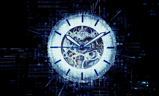 Blue, mehanic, analog watch on Digital Data background. Timeline concept