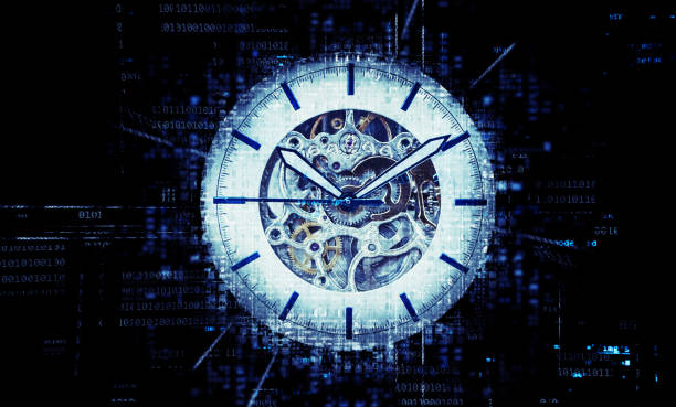 Blue, mehanic, analog watch on Digital Data background. Timeline concept stock photo