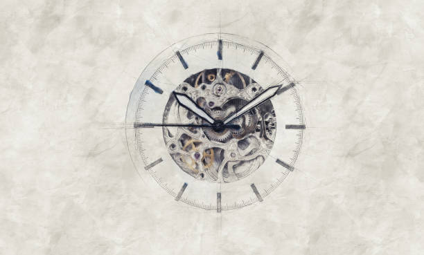 手描きで、紙の背景に描かれた時計。タイムラインのコンセプト - clock nobody decoration minute hand ストックフォトと画像