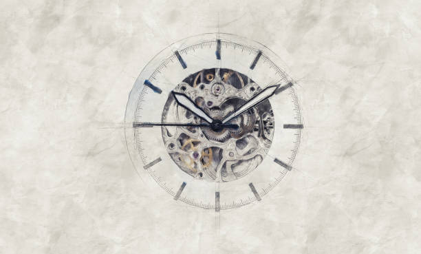 Painted watch on paper background, with hand drawing. Timeline concept stock photo