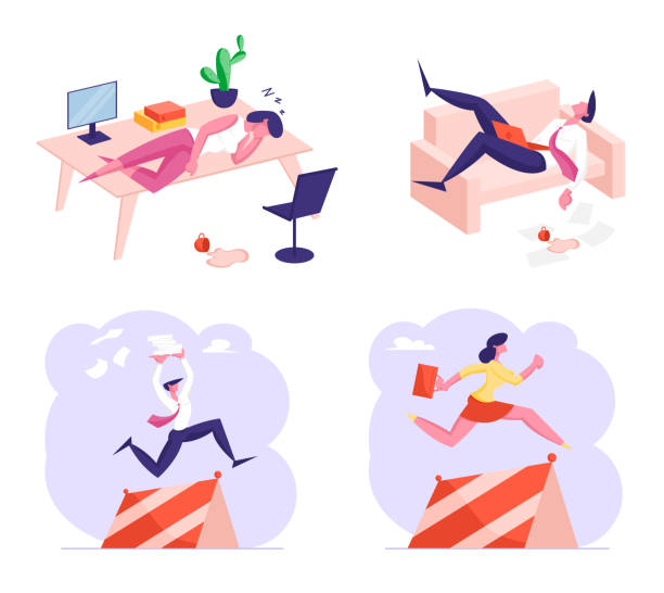 Set of Business Characters Procrastination, Working Burnout and Race with Obstacles. Tired People Sleeping at Workplace Set of Male and Female Business Characters Procrastination, Working Burnout and Race with Obstacles. People Sleeping at Workplace, Colleagues Run and Jumping over Barriers. Cartoon Vector Illustration mental burnout illustrations stock illustrations