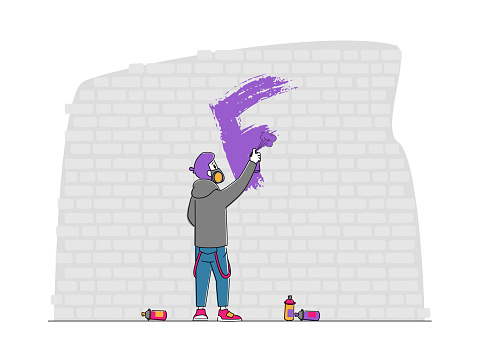 Street Artist Teenager in Respirator Painting Graffiti on Wall. Urban Art, Teen Lifestyle. Young Man Creative Hobby Activity, Male Character Drawing with Paint Cylinder. Linear Vector Illustration