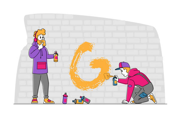 Teenagers Painting Graffiti on Brick Wall. Street Artist Characters Drawing with Aerosol Paints. Young People Activity Teenagers Painting Graffiti on Brick Wall. Urban Lifestyle, Street Artist Characters Drawing with Aerosol Paints. Young People Creative Hobby Activity, Leisure, Vandalism. Linear Vector Illustration cool graffiti characters stock illustrations